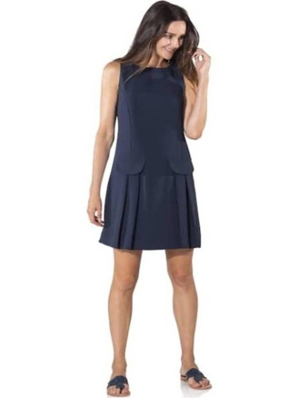 STS Sail to Sable Pleated Dress Sleeveless Navy Blue Pockets Zip Back Womens 2